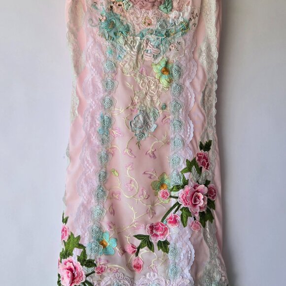 Handmade OOAK Pink Slip Dress - Feminine Vintage Lace & Embroidered Design XS/S - Picture 6 of 12
